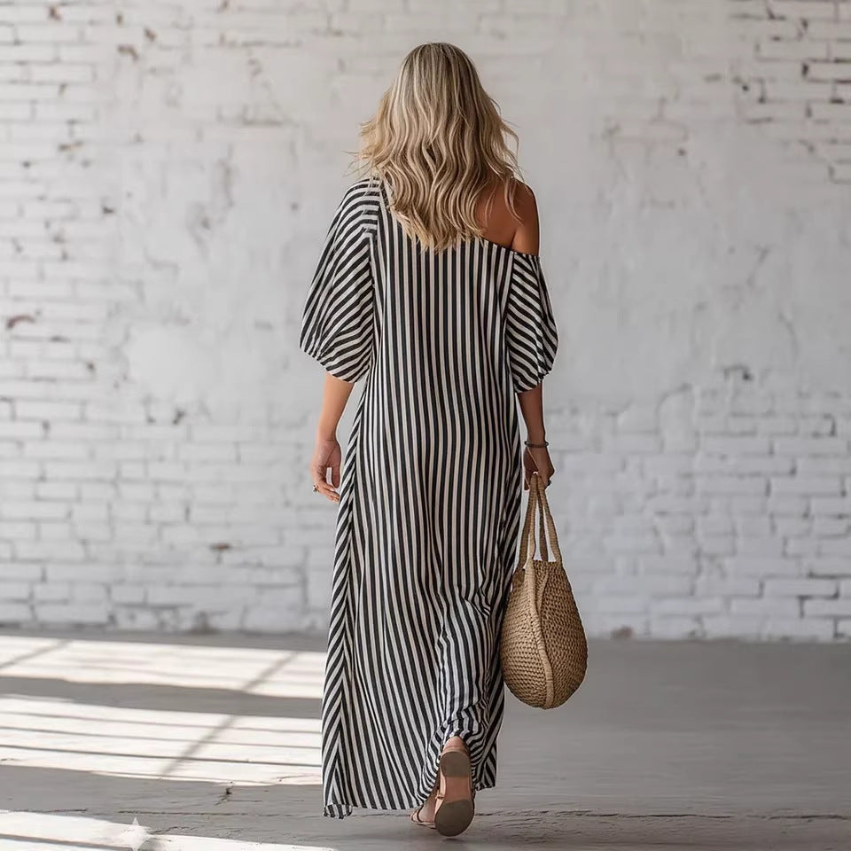 AVYRA | Con hombros descubiertos, a rayas, vestido maxi