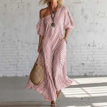 AVYRA | Con hombros descubiertos, a rayas, vestido maxi