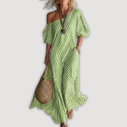 AVYRA | Con hombros descubiertos, a rayas, vestido maxi