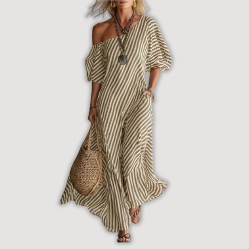 AVYRA | Con hombros descubiertos, a rayas, vestido maxi