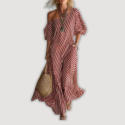 AVYRA | Con hombros descubiertos, a rayas, vestido maxi