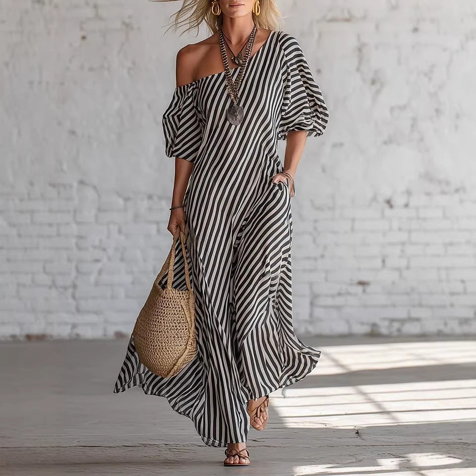 AVYRA | Con hombros descubiertos, a rayas, vestido maxi