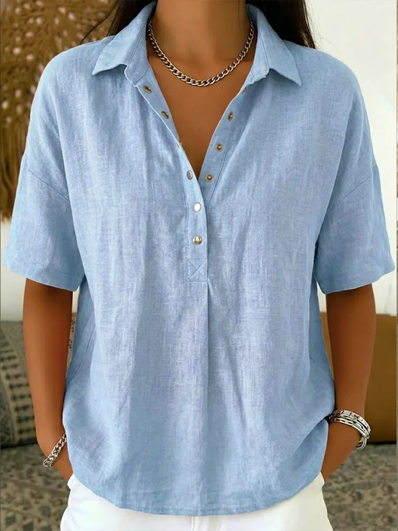 KELORA | Cuello y escote en V de mezcla de algodón, blusa