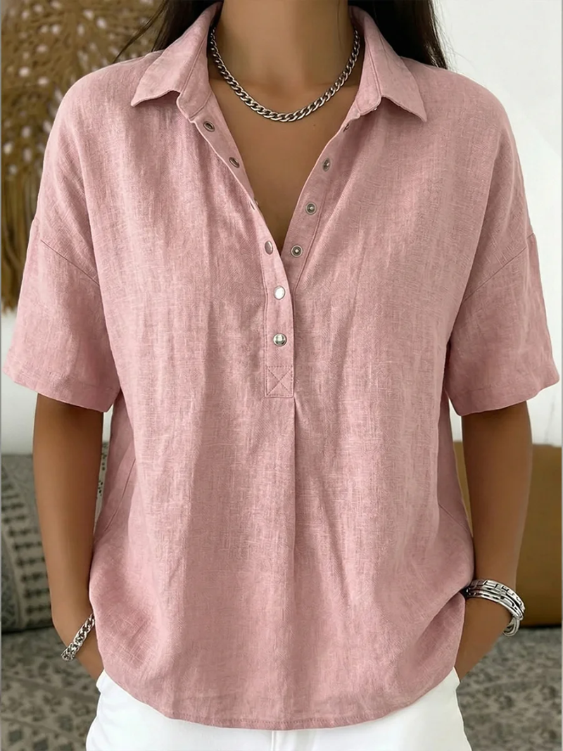 KELORA | Cuello y escote en V de mezcla de algodón, blusa