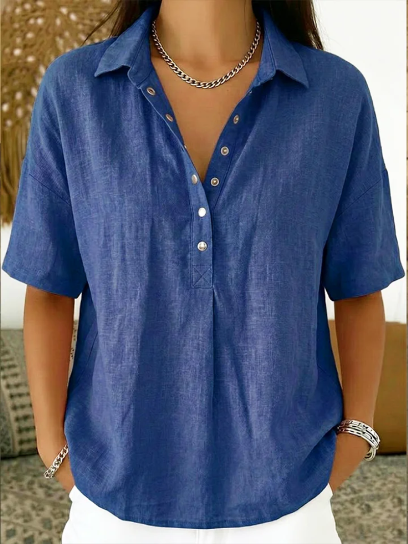 KELORA | Cuello y escote en V de mezcla de algodón, blusa