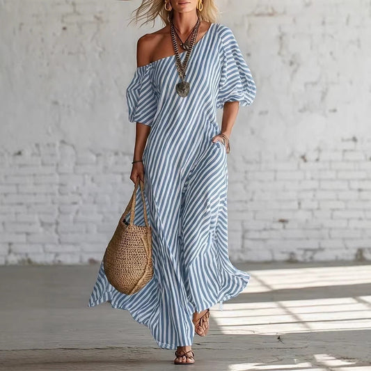 AVYRA | Con hombros descubiertos, a rayas, vestido maxi