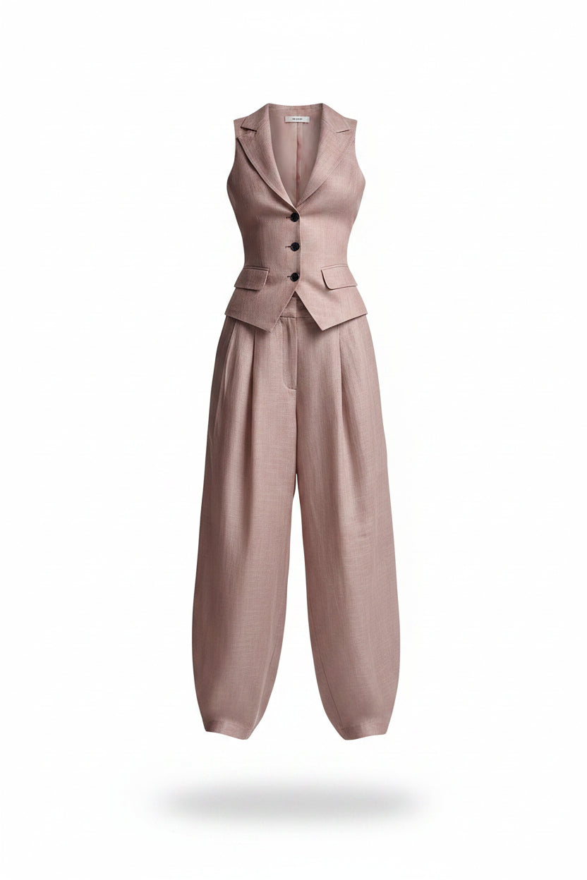 Traje de dos piezas con cuello en V y botones para mujer