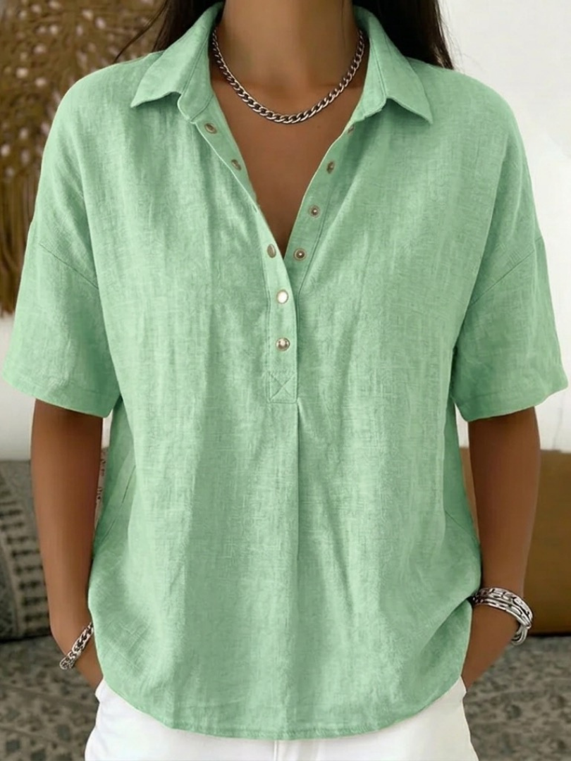 KELORA | Cuello y escote en V de mezcla de algodón, blusa
