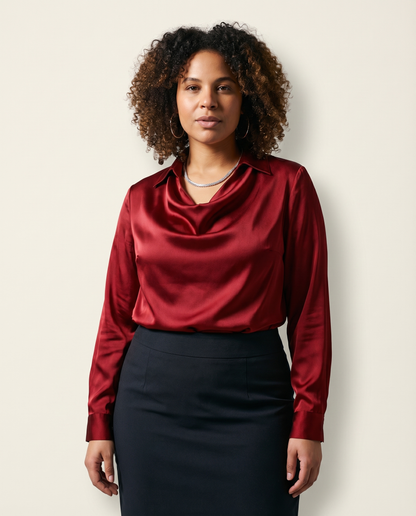 KELI | Cuello drapeado de satén, blusa